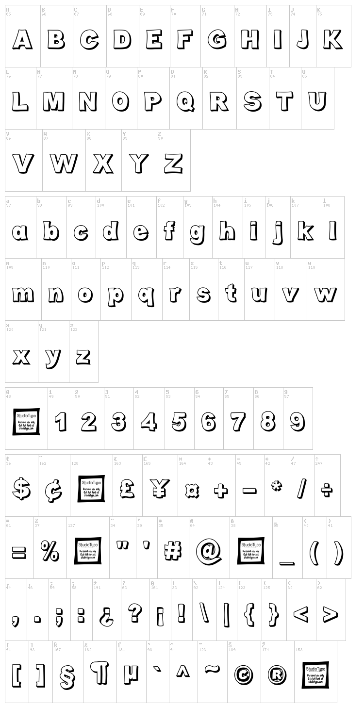 Cabold Comic font map